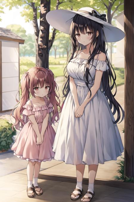 25427-2512523586-hasshaku-sama, (2girls), height difference, long hair, sleeveless dress, standing, collarbone, bangs, tall female, wide hips, hu.png